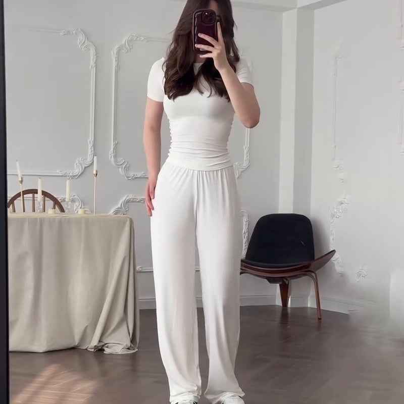 Fashionable Style Round Neck Solid Color Wide Leg Pants Elegant Commute Fashion Set