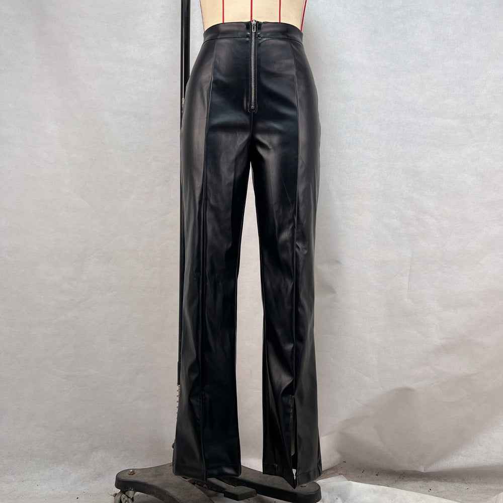 Casual straight leg PU wide leg leather pants