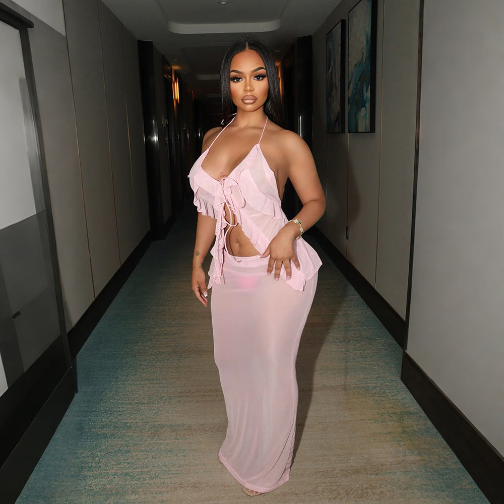 性感透明套裝，含繫帶無袖開襟衫和時尚長裙，女士兩件套