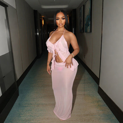 性感透明套裝，含繫帶無袖開襟衫和時尚長裙，女士兩件套