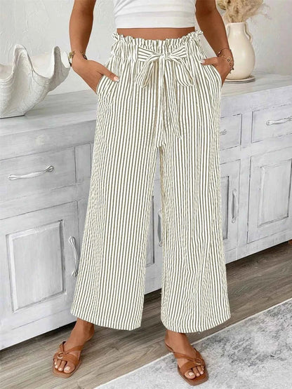 Full Size Striped Wide Leg Paper Bag Pants Plus Size