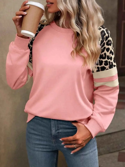 Leopard Round Neck Raglan Sleeve Sweatshirt