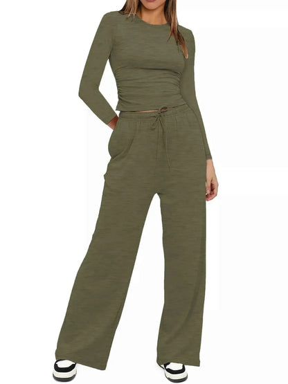 Full Size Casual Long Sleeve Top and Pants Set Plus Size
