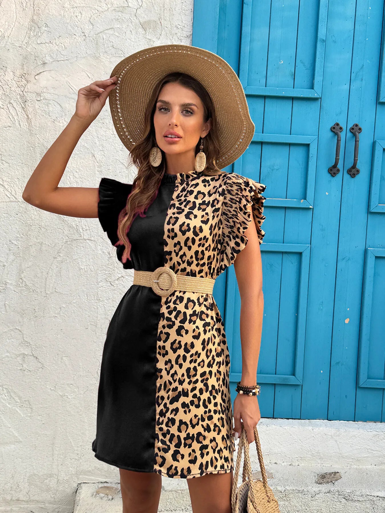 Leopard Color Block Ruffle Sleeve Dress