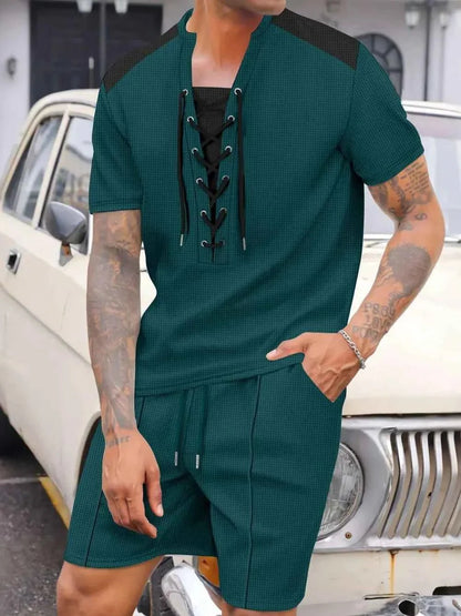 Men's Lace-Up Set Waffle Knit Two-Piece Outfit Plus Size