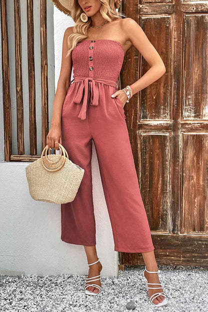 Perfee Decorative Button : Strapless Smocked Jumpsuit with Pockets