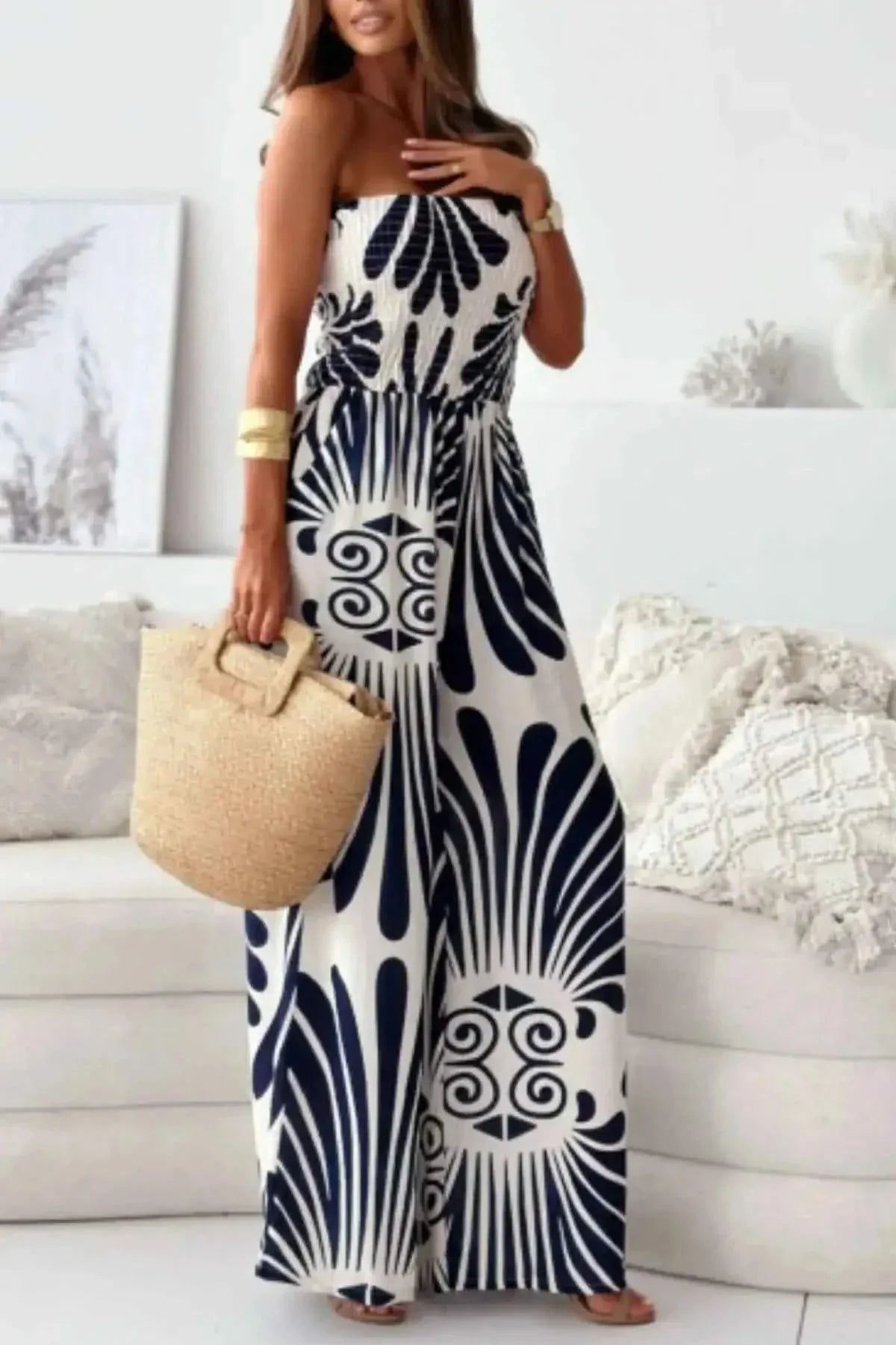 Printed Smocked : Tube Wide Leg Jumpsuit