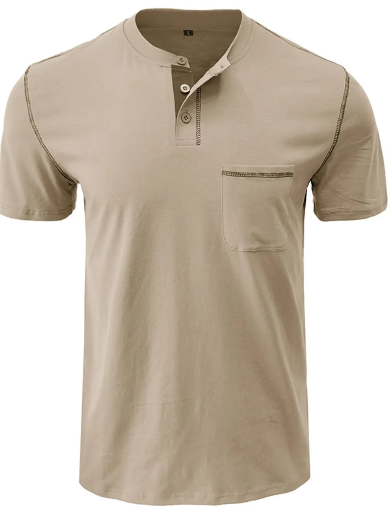 Men's Full Size Casual Henley T-Shirt with Contrast Stitching and Pocket Plus Size