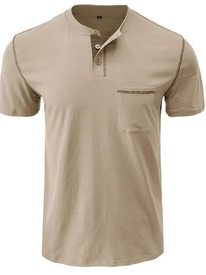 Men's Full Size Casual Henley T-Shirt with Contrast Stitching and Pocket Plus Size