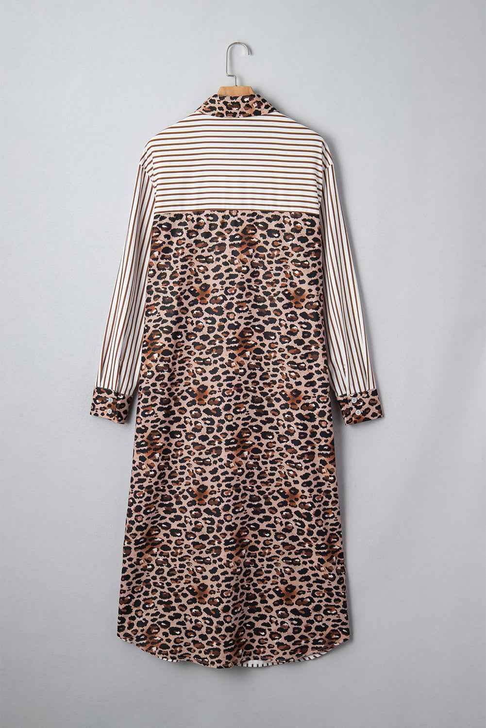 Brown Stripe Contrast Leopard Patchwork Long Shirt Dress with Slits