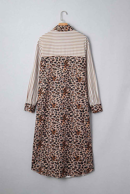 Brown Stripe Contrast Leopard Patchwork Long Shirt Dress with Slits