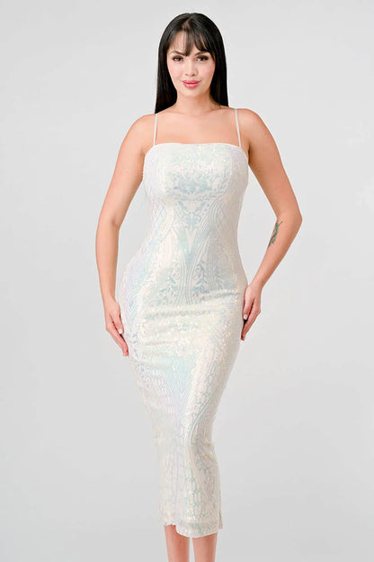 迷人圖案亮片裝飾後開衩中長連身裙