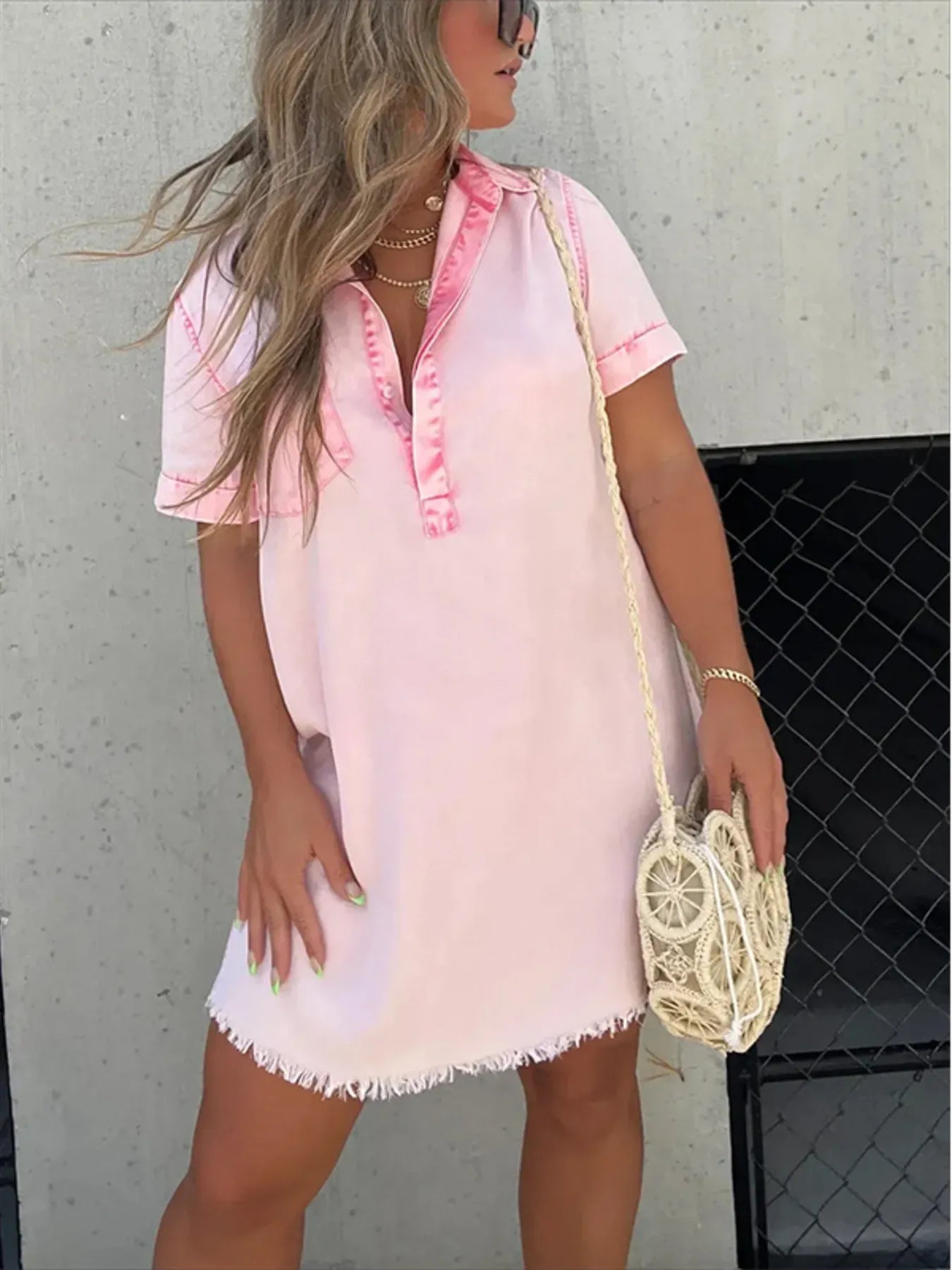 全碼毛邊短袖牛仔連身裙，大尺寸