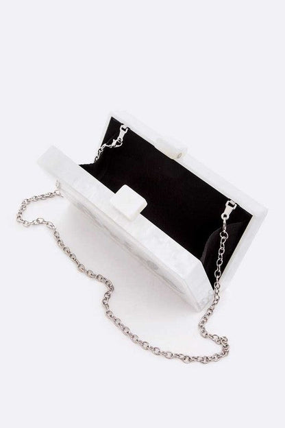 Clutch tipo caja de acrílico con purpurina para novia