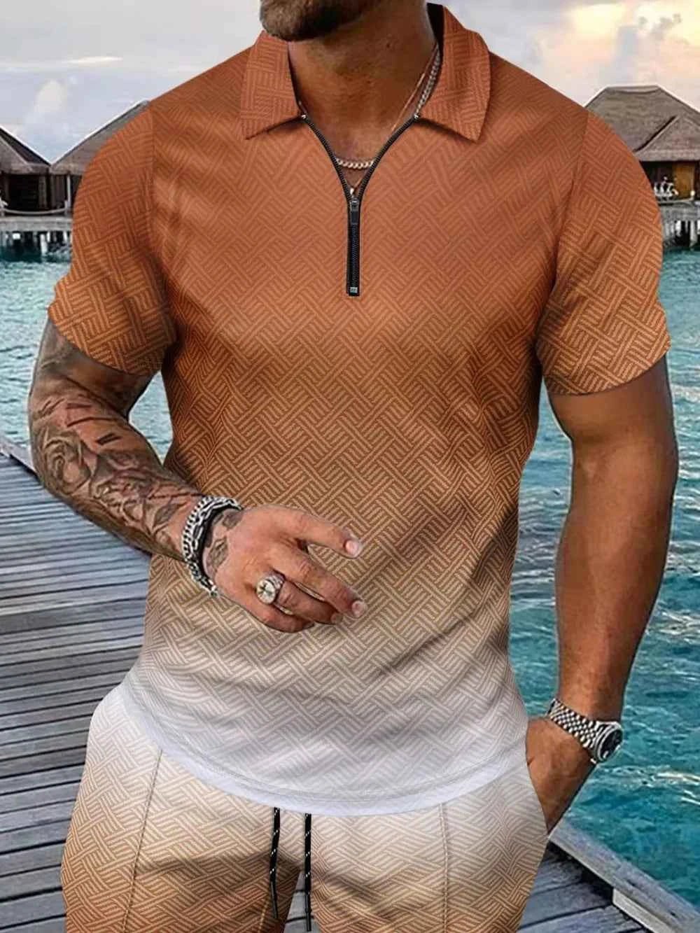 Men's Gradient Outfit + Pocketed Drawstring Shorts Set - Plus Size