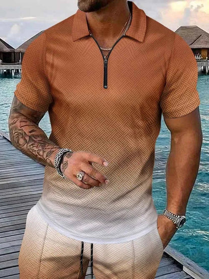 Men's Gradient Outfit + Pocketed Drawstring Shorts Set - Plus Size
