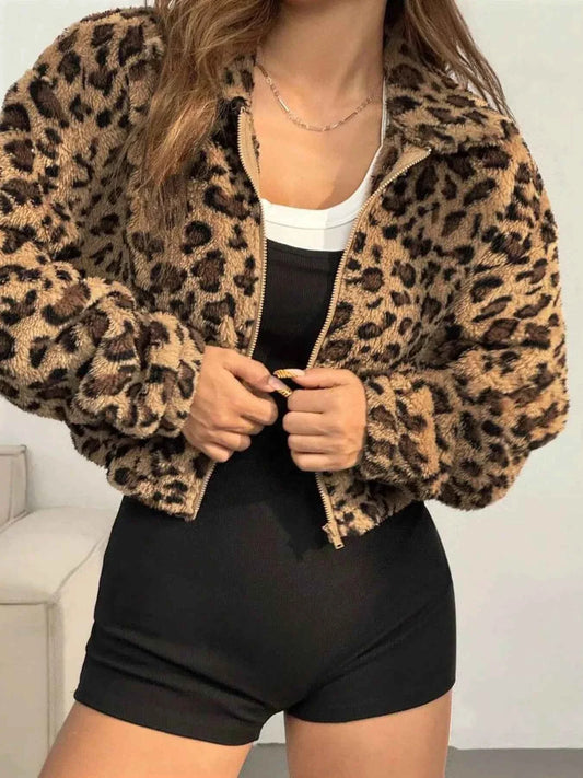 Leopard Print Fuzzy Cropped Jacket