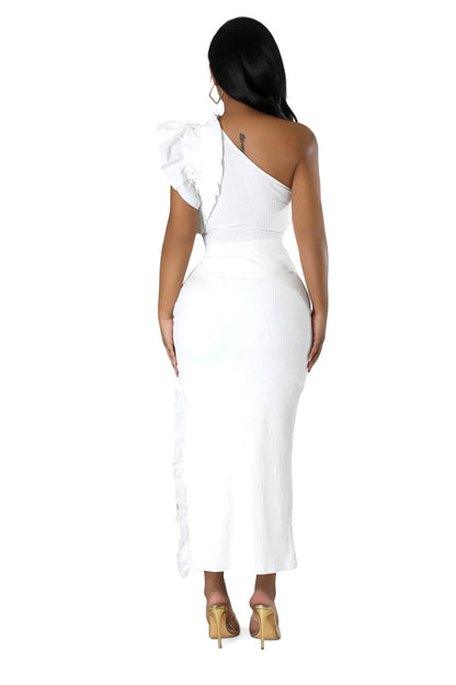 2 PC Ribbed One Shoulder Ruffle Bodysuit & Matching Skirt