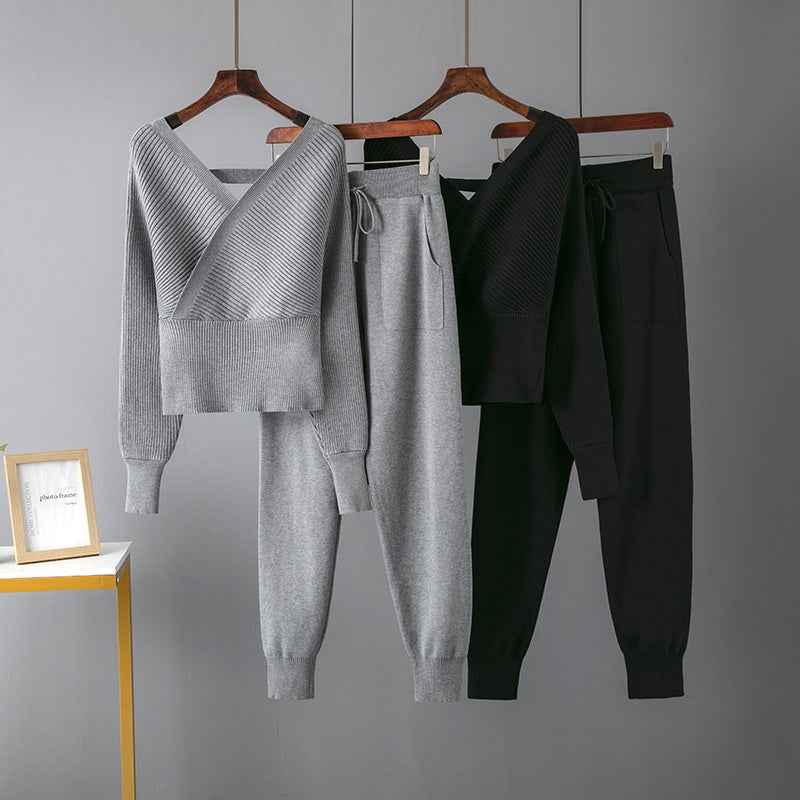 Sexy V-Neck Sweater + Casual Sport Pants Two-Piece Set for Women