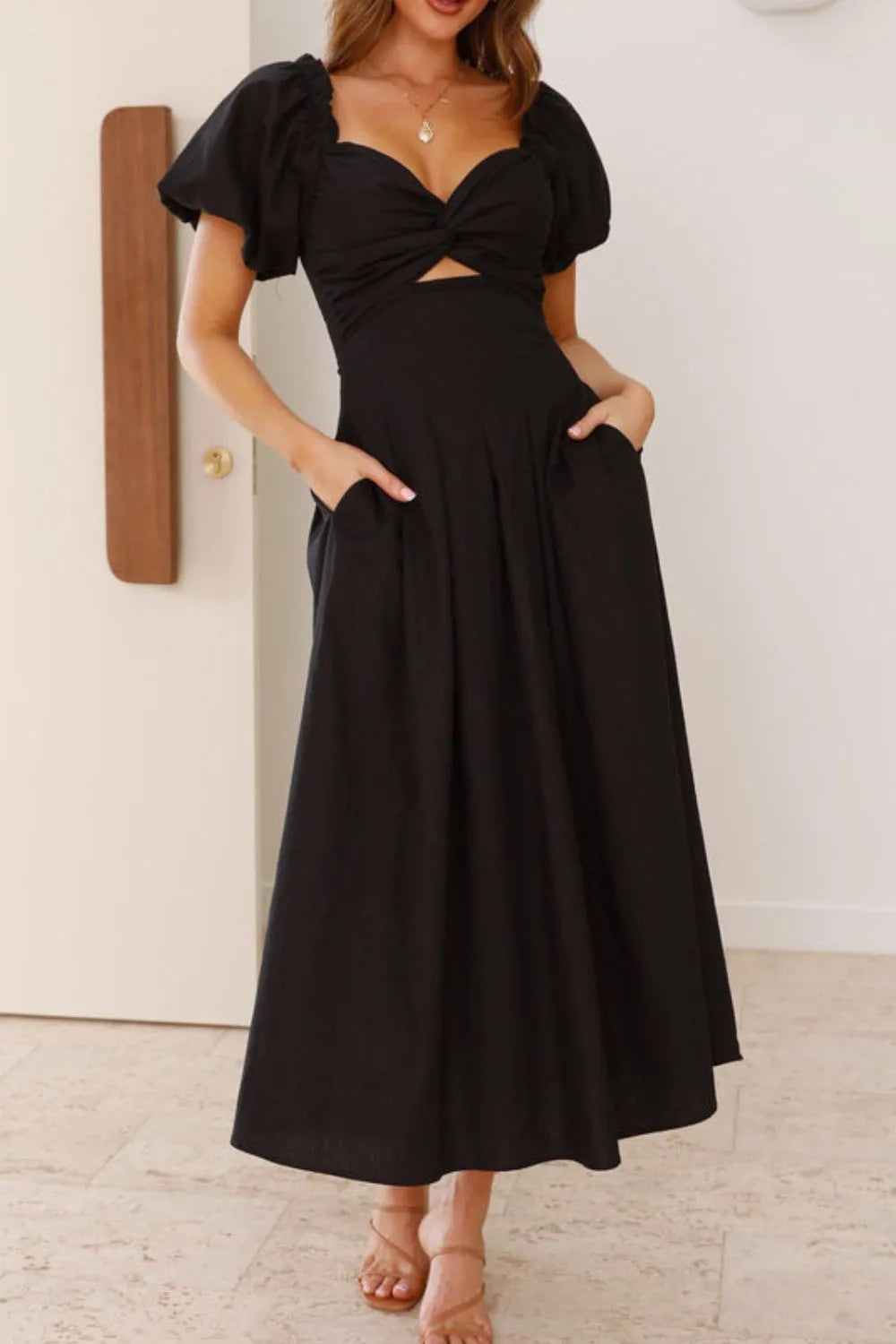 甜美寧靜泡泡袖中長連身裙