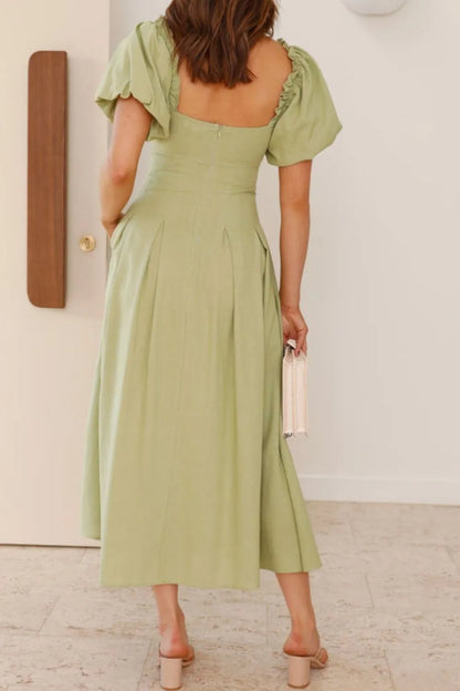 甜美寧靜泡泡袖中長連身裙