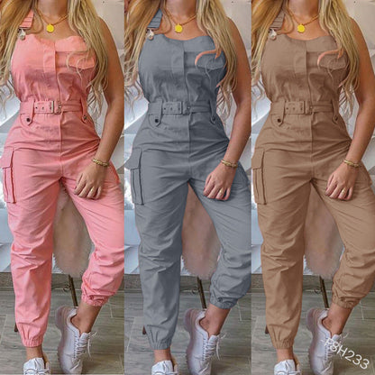 Women Workwear Belt Sleeveless Suspender Simple Ankle Banded Plus size Jumpsuit
