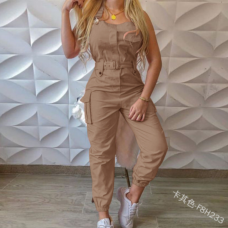 Women Workwear Belt Sleeveless Suspender Simple Ankle Banded Plus size Jumpsuit