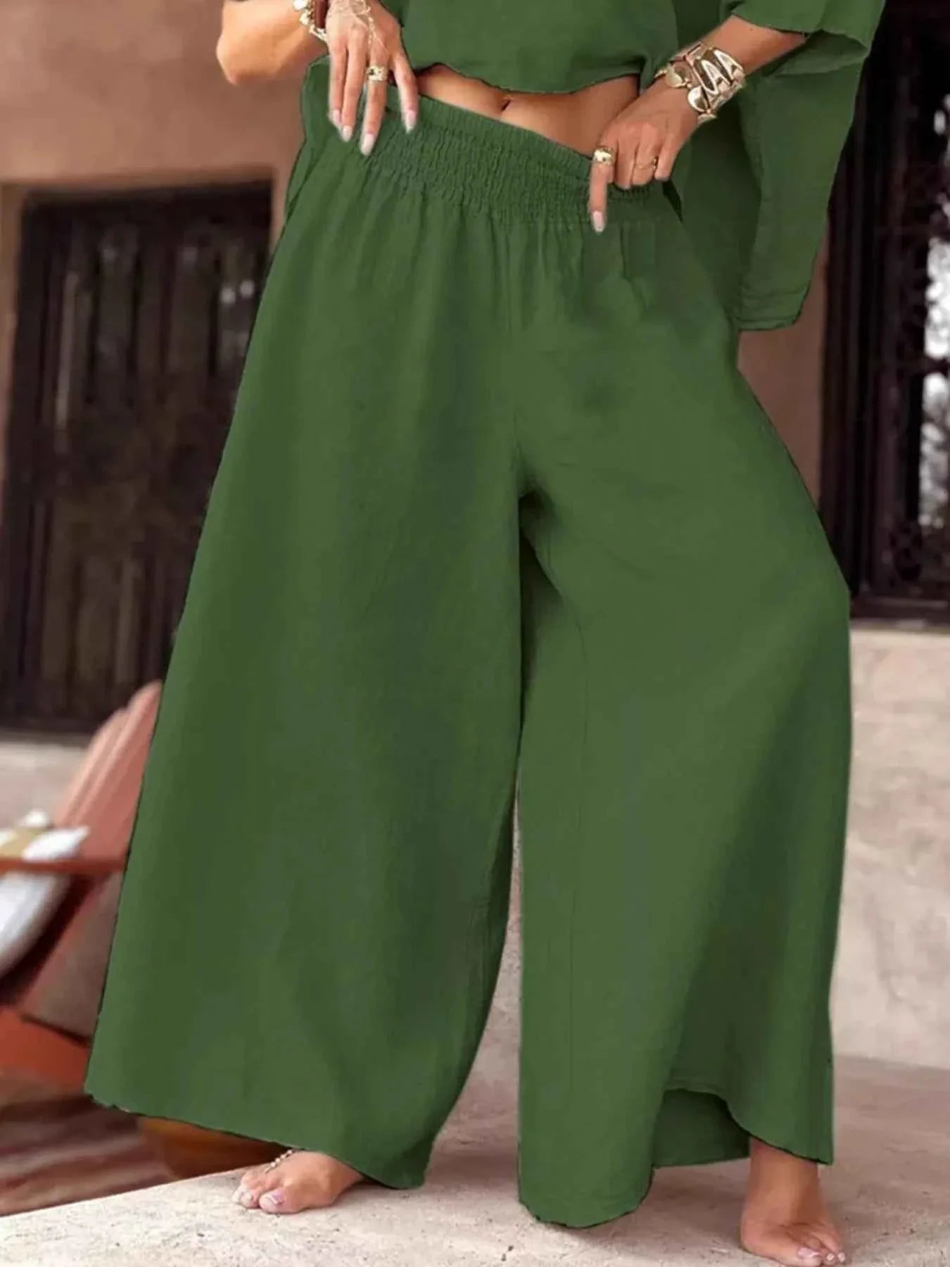 Full Size Boat Neck Top and Wide Leg Pants Set Plus Size