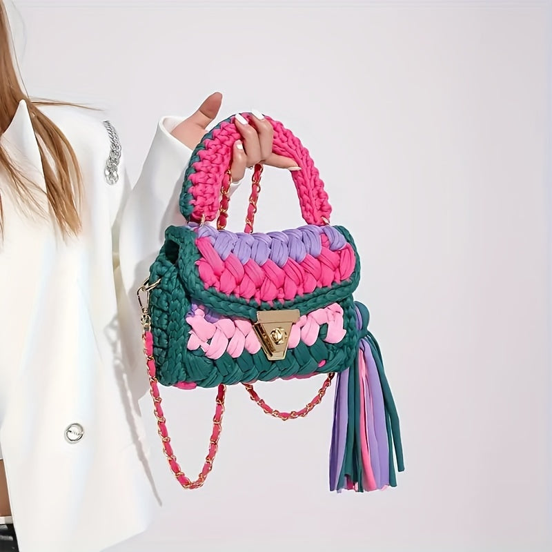 Bolso bandolera mini con borlas de crochet estilo bohemio y elegante con bloques de color