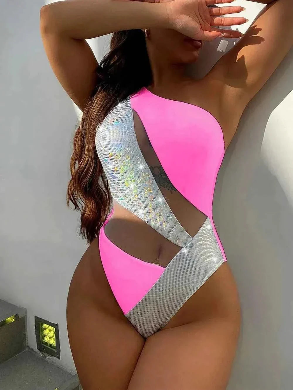 Stylish One-Piece Swimsuit with Contrast Panel Design