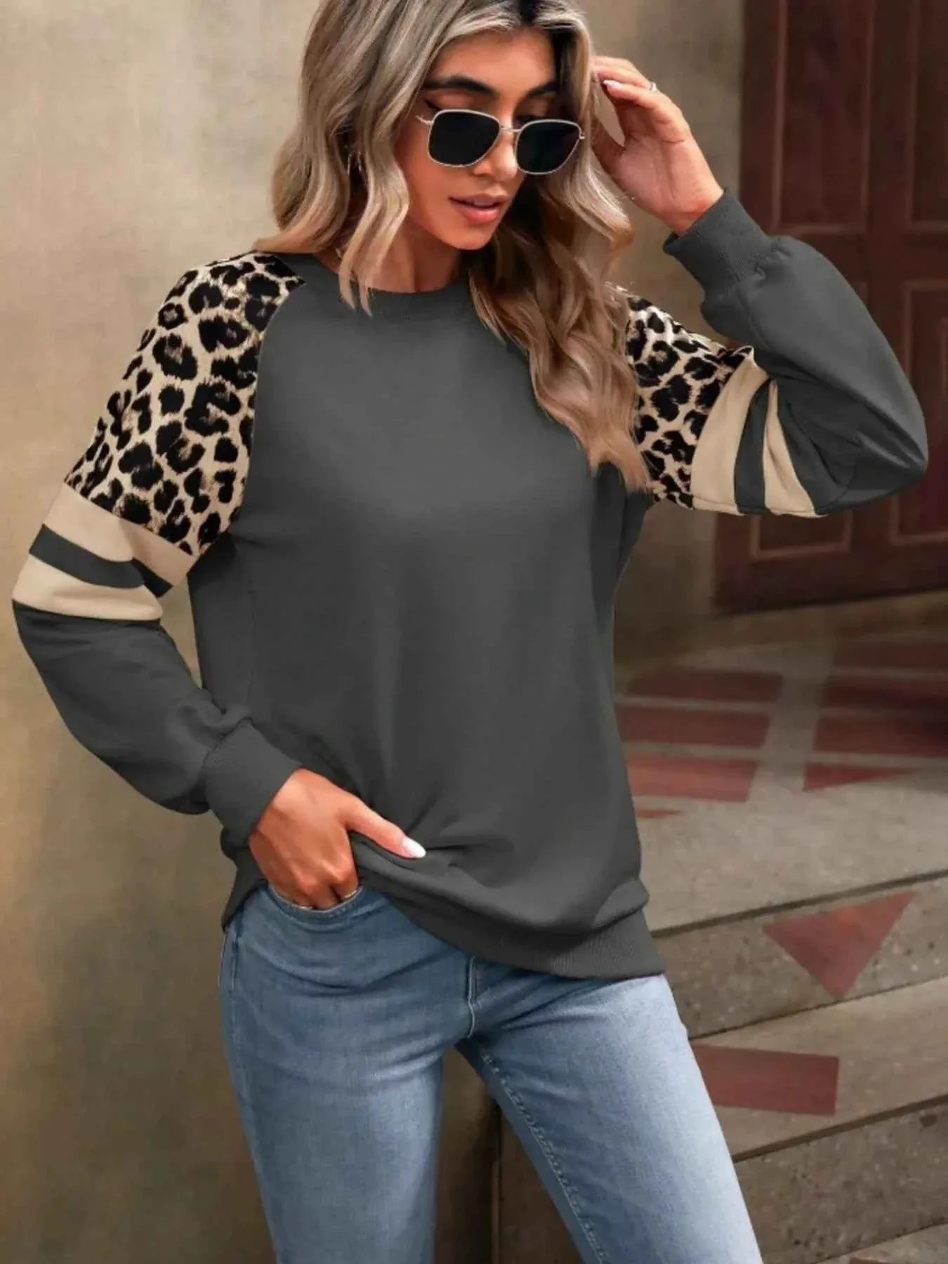 Leopard Round Neck Raglan Sleeve Sweatshirt