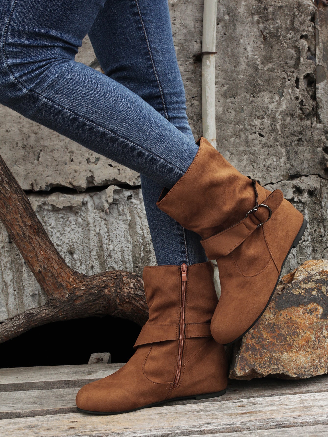 踝靴 圓頭 扣環 皮帶 側邊拉鍊靴