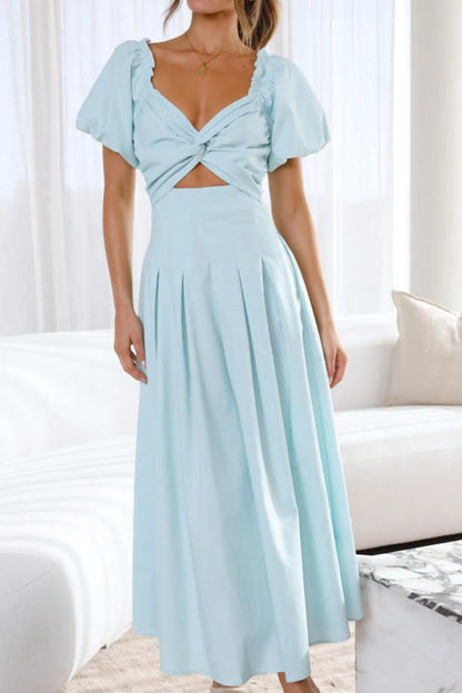 甜美寧靜泡泡袖中長連身裙