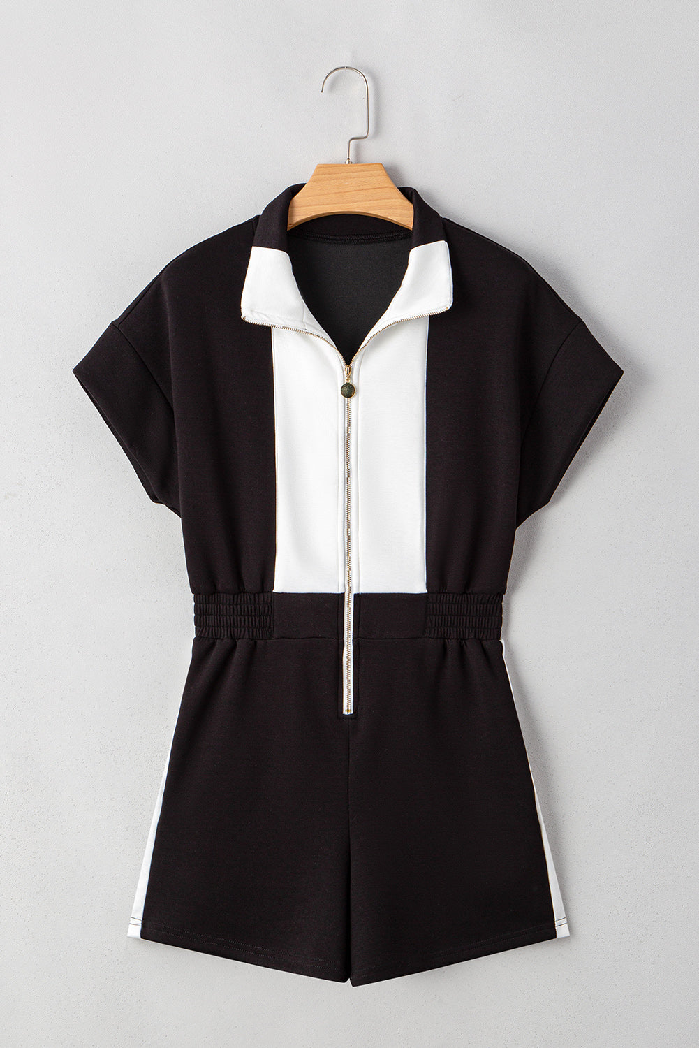 Black Contrast Collar Patchwork Zip Front Romper