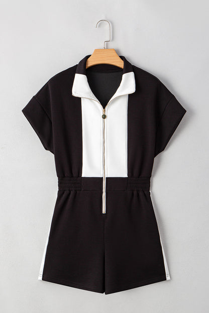 Black Contrast Collar Patchwork Zip Front Romper