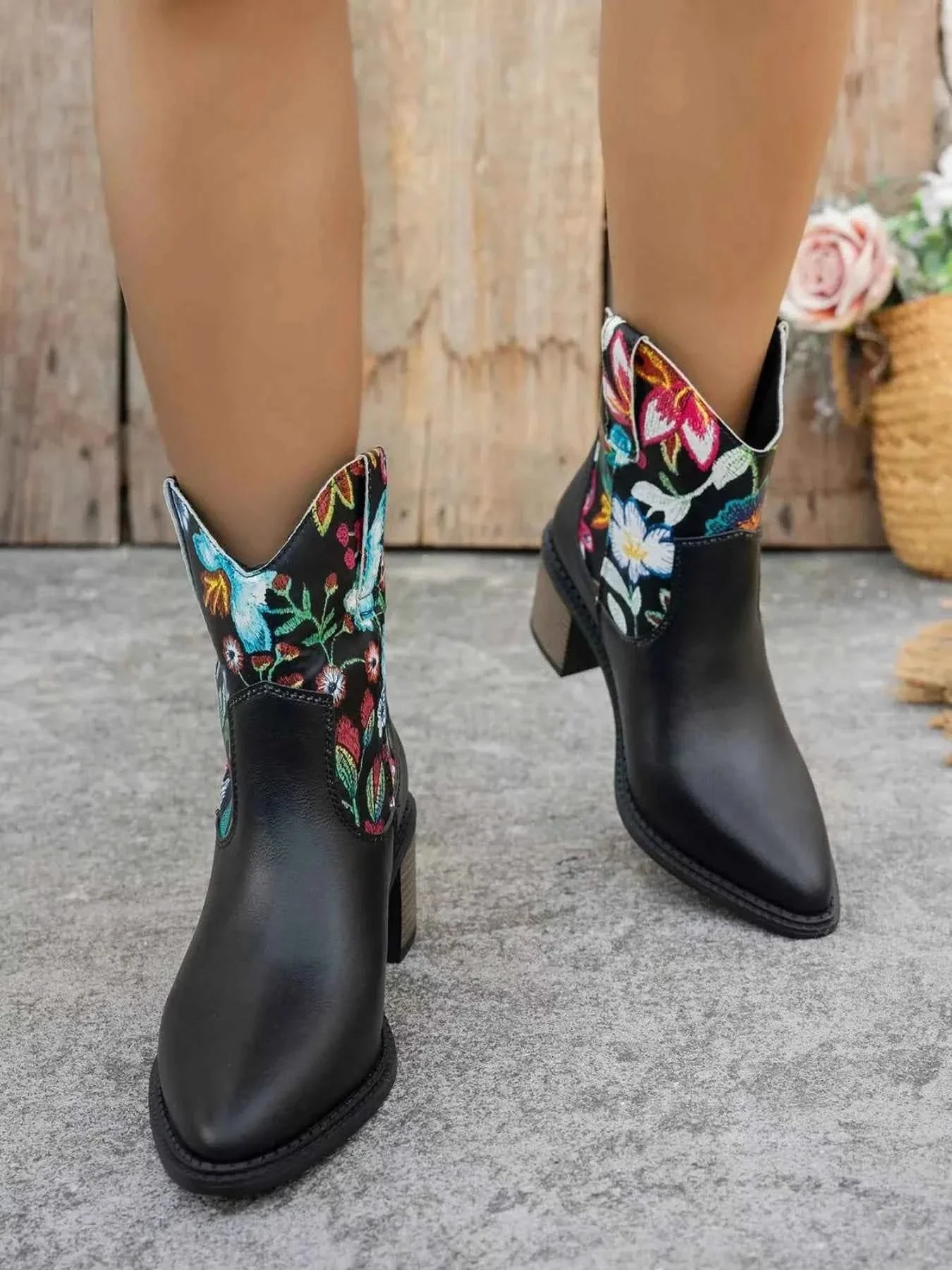 Floral Embroidered Leather Western : Ankle Boots