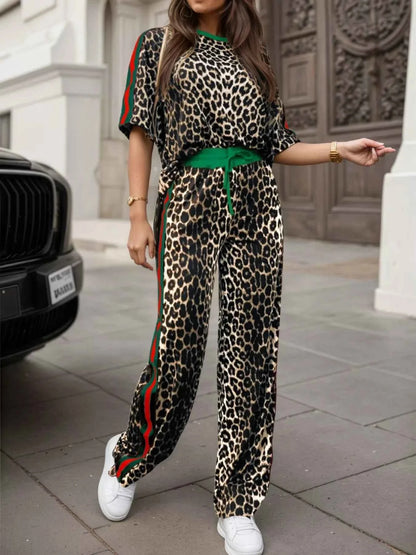 Leopard Round Neck Top and Pants Two-Piece Set