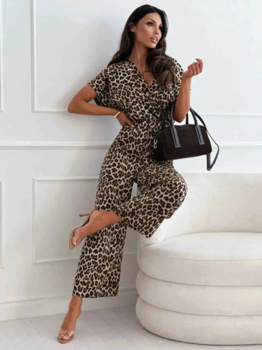 Leopard Print Short Sleeve : Wide Leg Jumpsuit