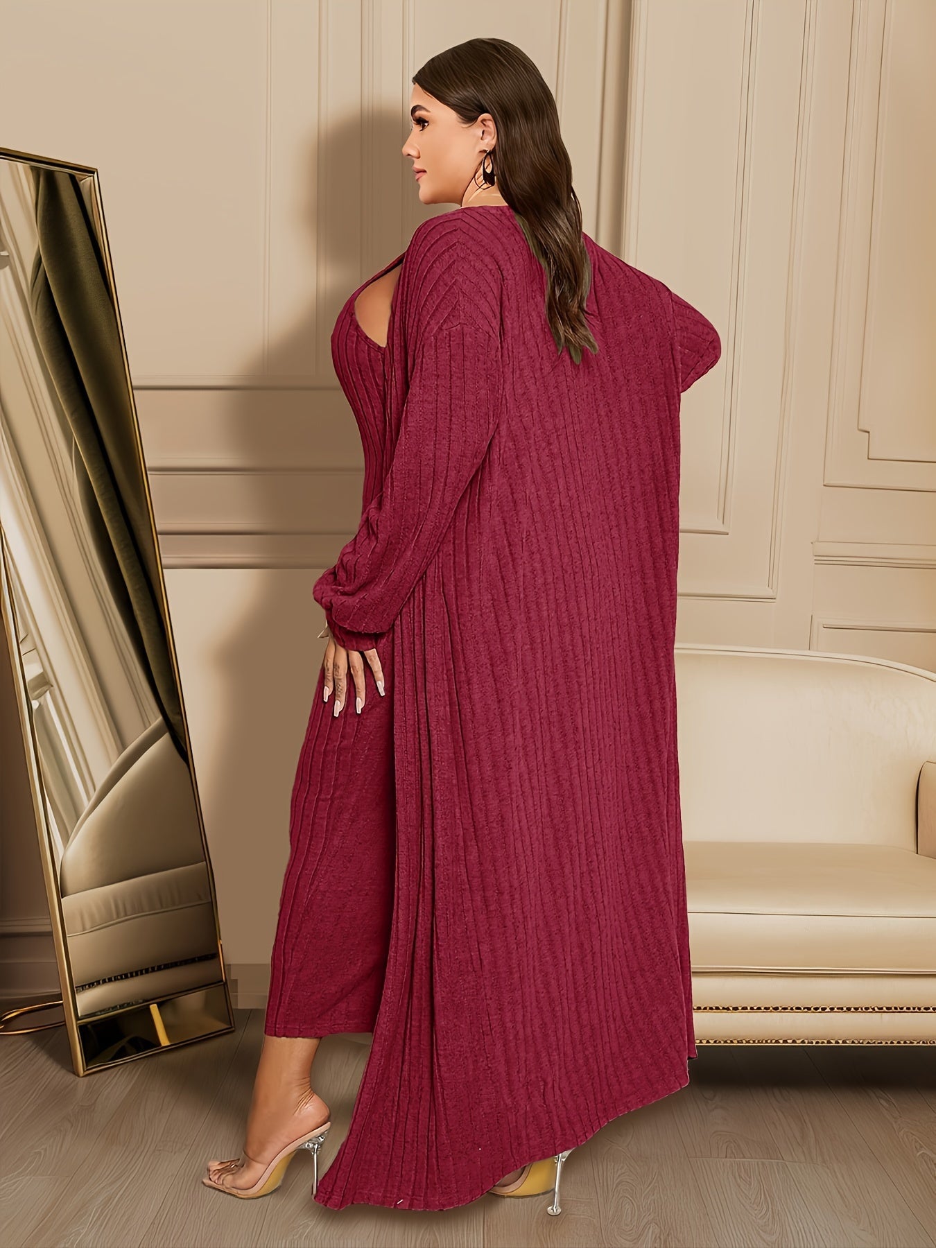 女士加大尺碼羅紋開襟衫連身裙套裝