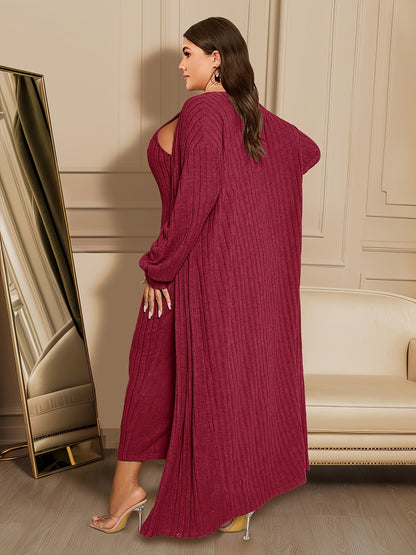 女士加大尺碼羅紋開襟衫連身裙套裝