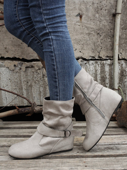 踝靴 圓頭 扣環 皮帶 側邊拉鍊靴