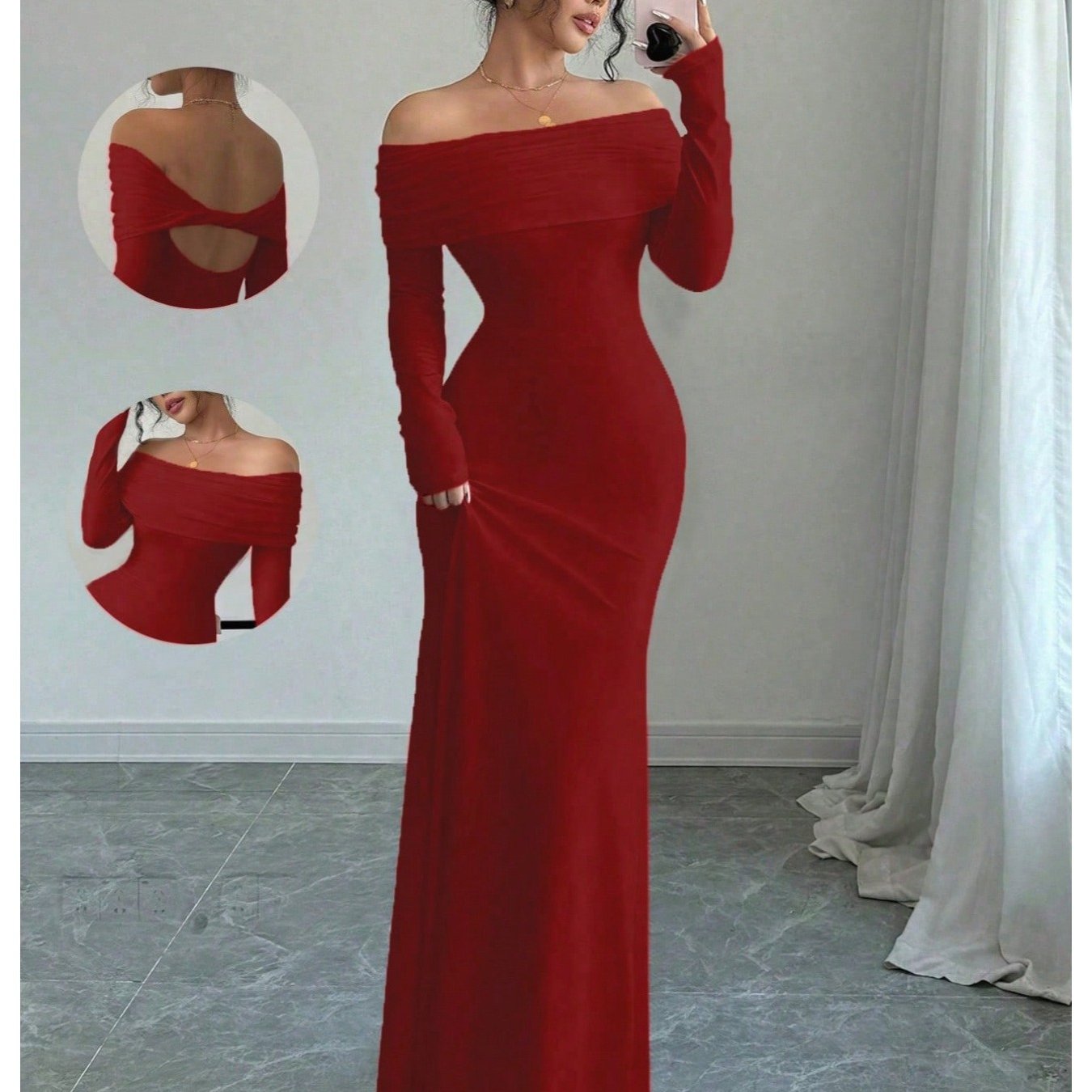 Elegante vestido de noche midi con hombros descubiertos