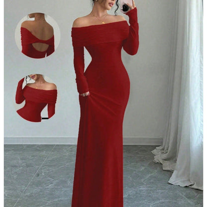 Elegante vestido de noche midi con hombros descubiertos