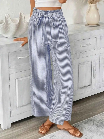 Full Size Striped Wide Leg Paper Bag Pants Plus Size