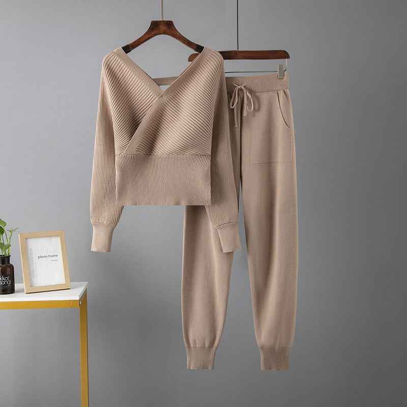 Sexy V-Neck Sweater + Casual Sport Pants Two-Piece Set for Women