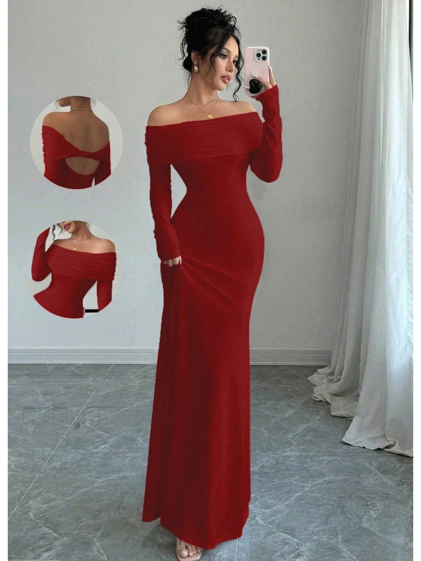 Elegante vestido de noche midi con hombros descubiertos