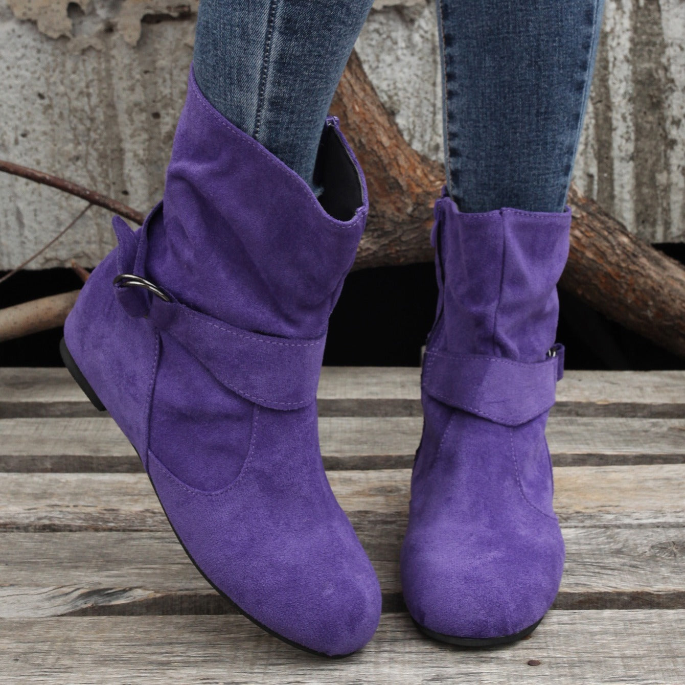 踝靴 圓頭 扣環 皮帶 側邊拉鍊靴