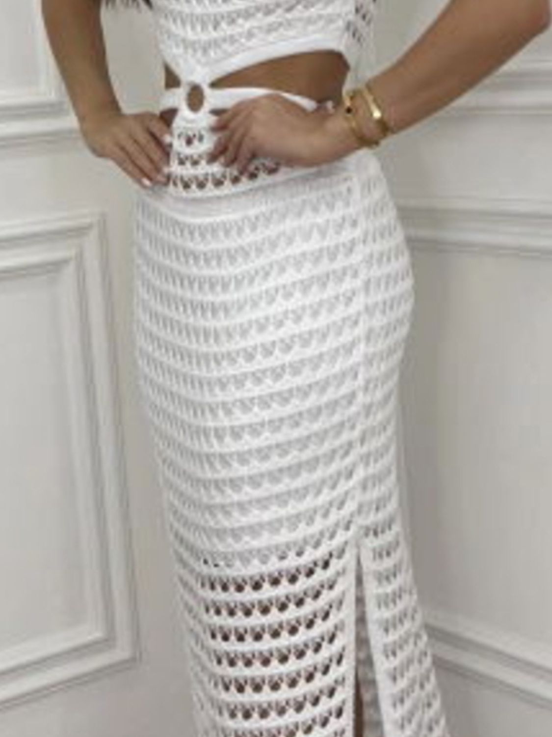 鏤空開衩圓領毛衣洋裝