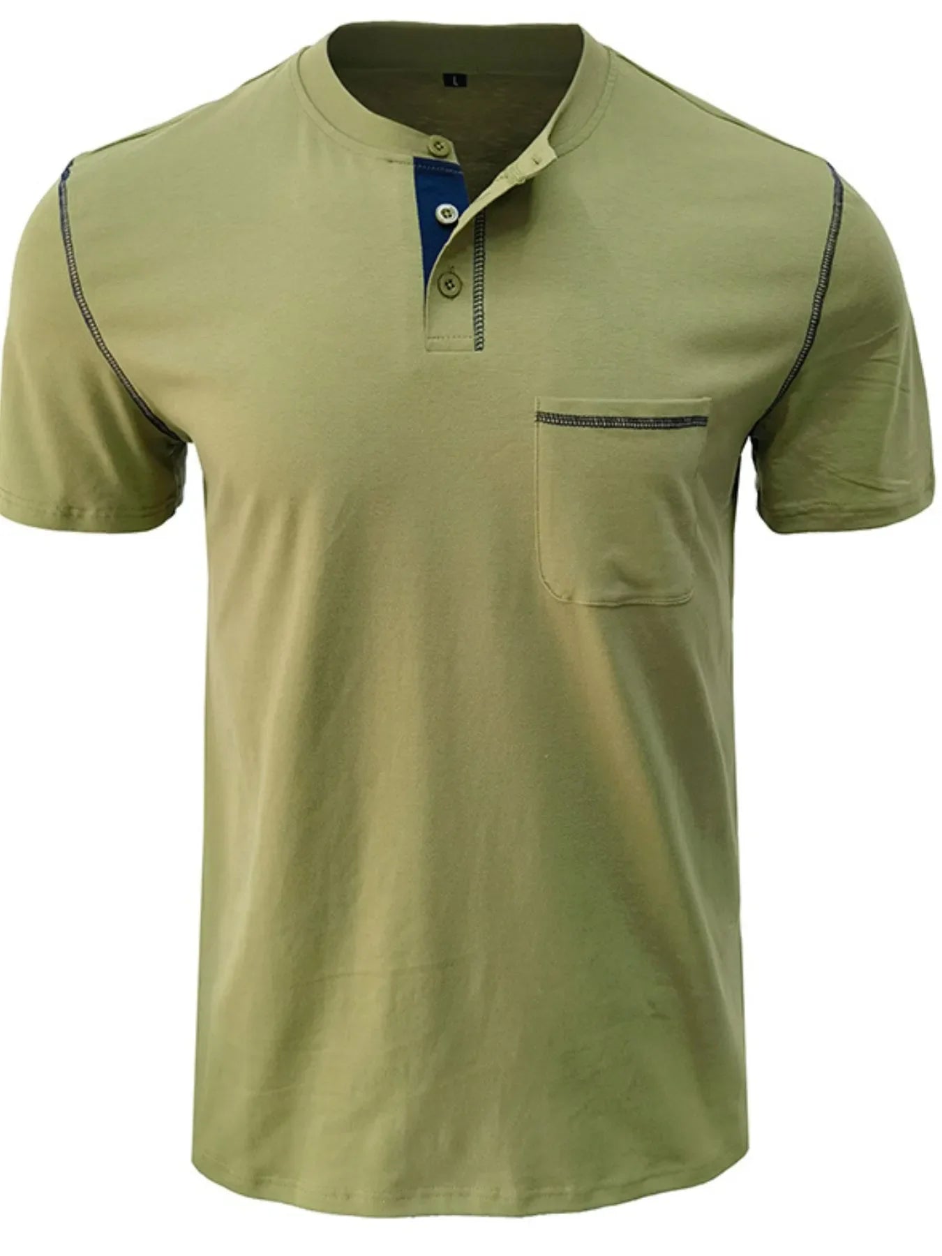Men's Full Size Casual Henley T-Shirt with Contrast Stitching and Pocket Plus Size