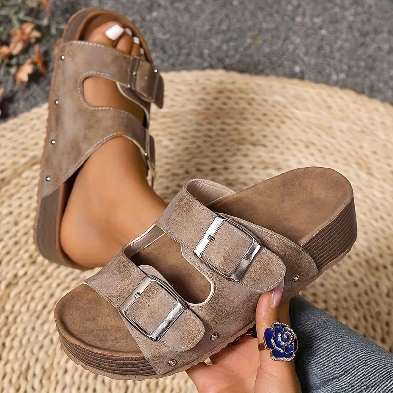 Elegant Summer Flat Sandals, Thick Heel  Double Buckle Strap